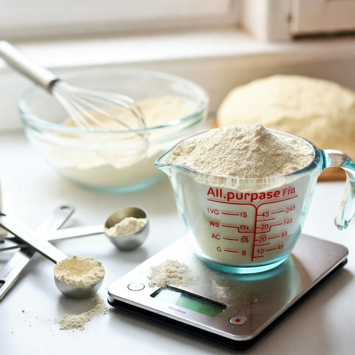 Measuring cup of flour on digital kitchen scale for baking weights