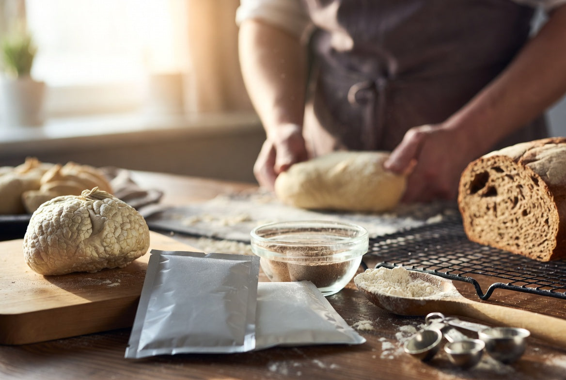 Fresh yeast and baking ingredients for homemade gluten-free bread tips
