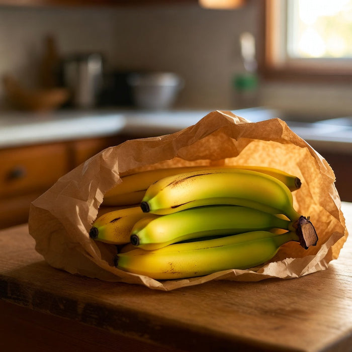 Bananas ripening in a brown paper bag on a wooden kitchen counter home
