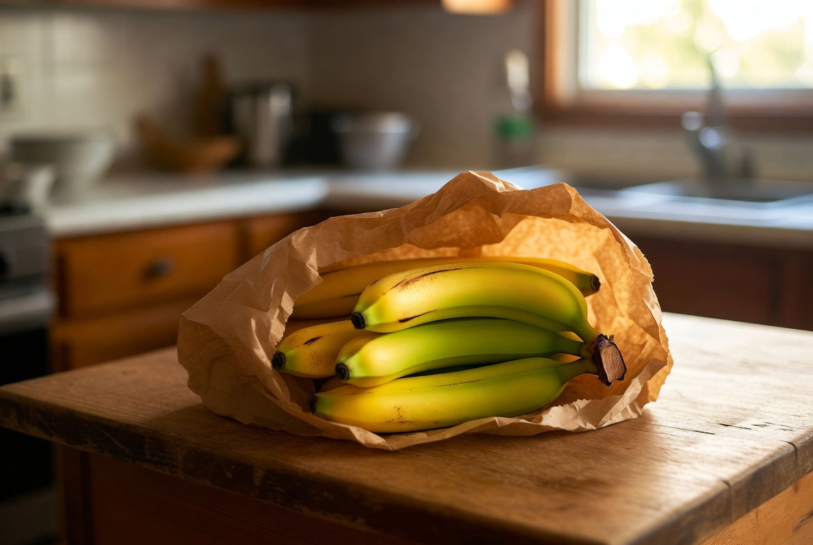 Bananas ripening in a brown paper bag on a wooden kitchen counter home