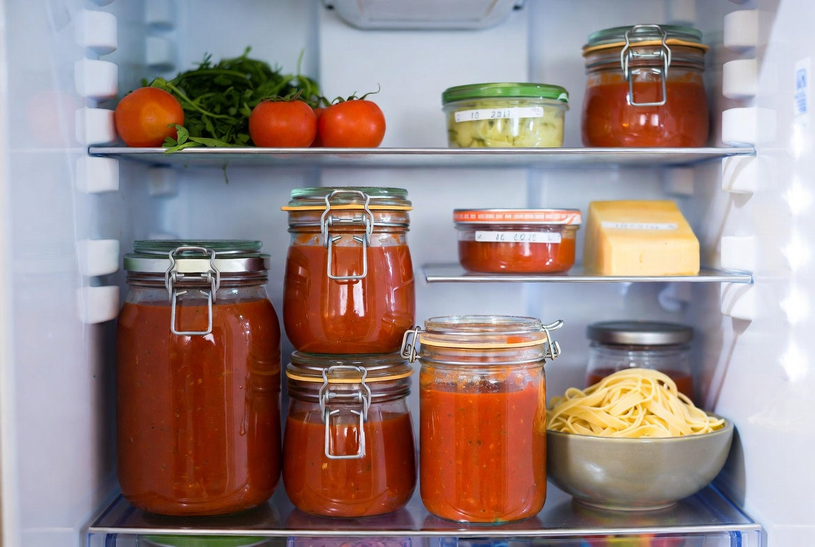 Sealed jars of pasta sauce stored neatly inside a refrigerator shelf