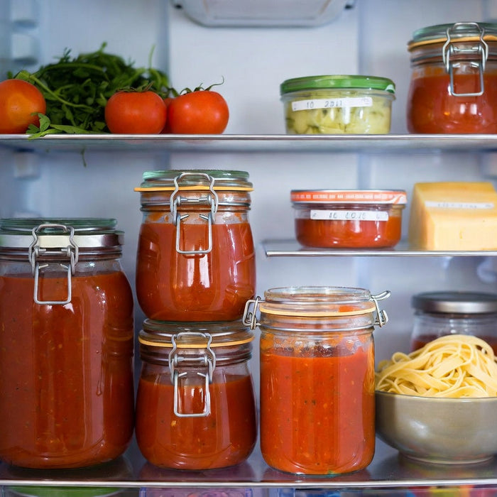 Sealed jars of pasta sauce stored neatly inside a refrigerator shelf