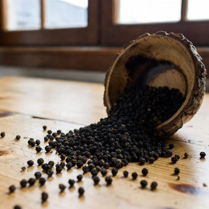 Black peppercorns spilling from rustic cup onto wooden table