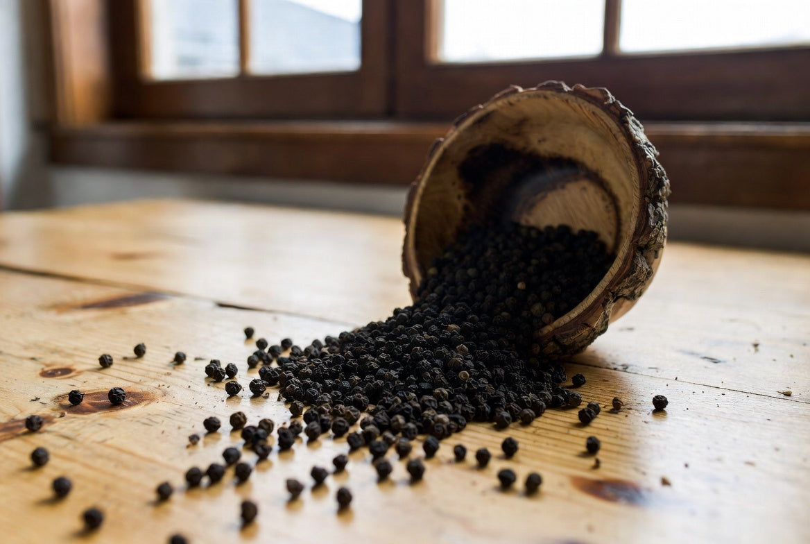 Black peppercorns spilling from rustic cup onto wooden table