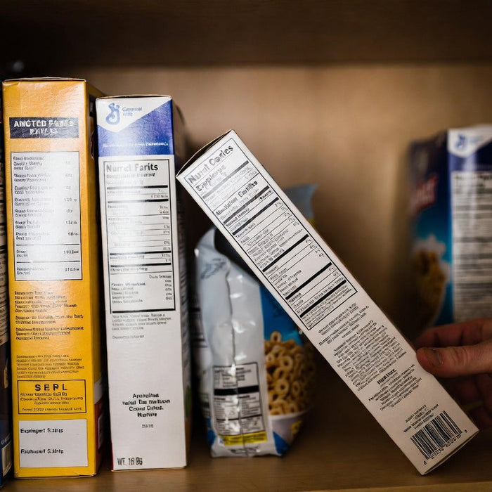 Hand checking cereal nutrition labels on pantry shelf