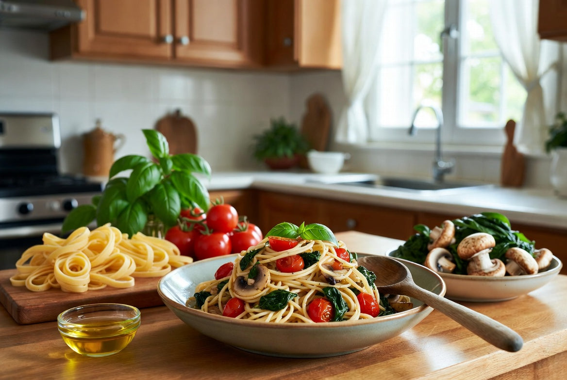 Vegan pasta with tomatoes, spinach and mushrooms in a home kitchen