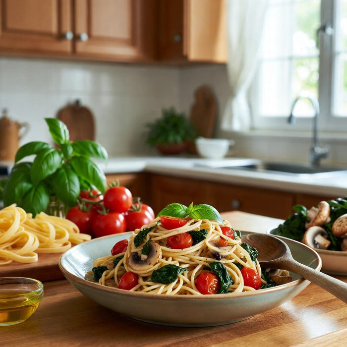 Vegan pasta with tomatoes, spinach and mushrooms in a home kitchen