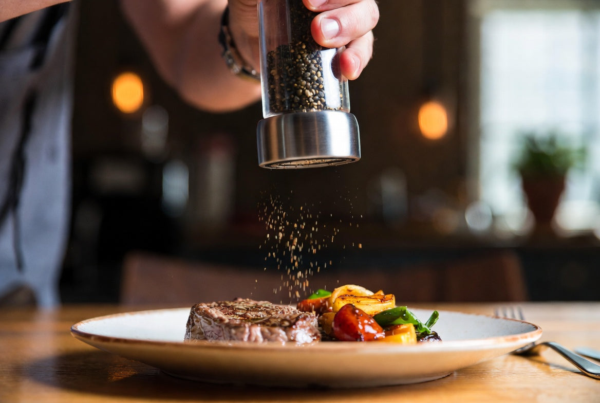 Hand grinding black pepper over steak and roasted vegetables