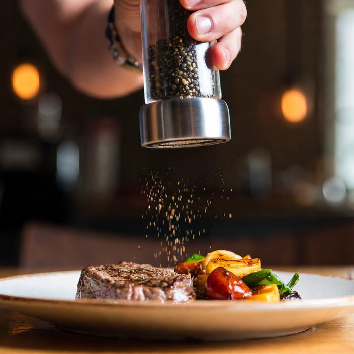 Hand grinding black pepper over steak and roasted vegetables
