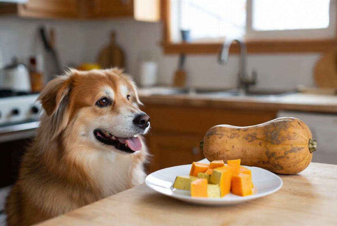 Dog beside cooked squash cubes and whole squash in kitchen