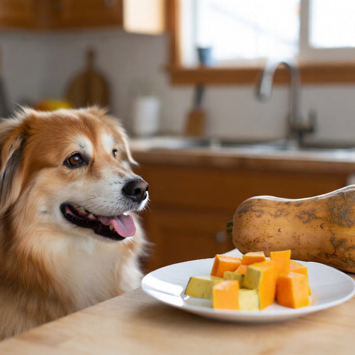 Dog beside cooked squash cubes and whole squash in kitchen