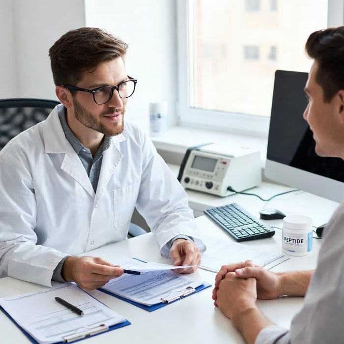Doctor consulting patient about peptide therapy and medical guidance
