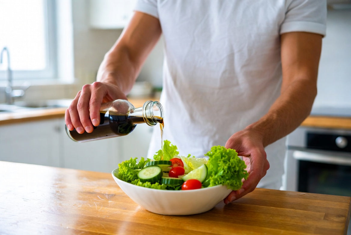 Person pouring vinegar over fresh salad in a bright home kitchen