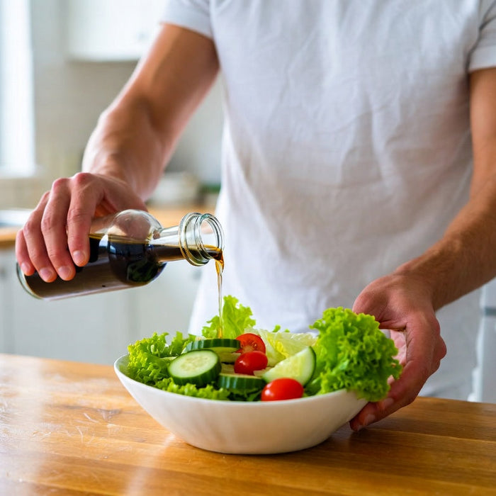 Person pouring vinegar over fresh salad in a bright home kitchen
