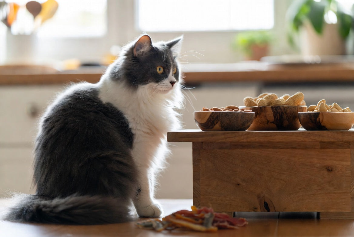Fluffy cat beside bowls of mixed nuts on a wooden kitchen table