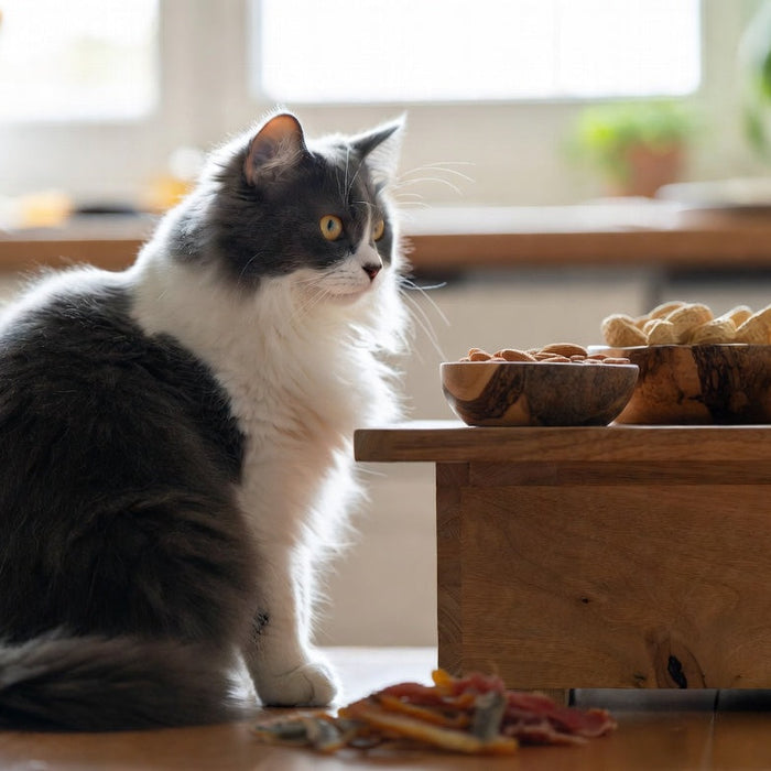 Fluffy cat beside bowls of mixed nuts on a wooden kitchen table