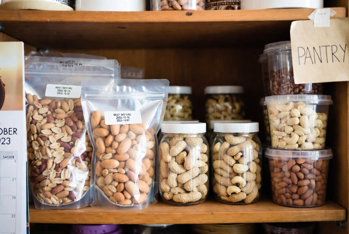 Pantry shelf with labeled containers and bags of assorted nuts