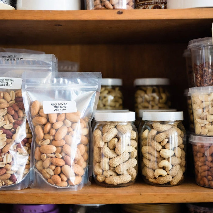 Pantry shelf with labeled containers and bags of assorted nuts