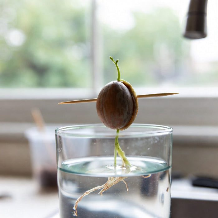 Avocado seed sprouting roots in a glass of water by window