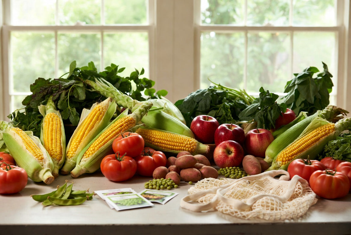 Fresh corn, tomatoes, apples, and potatoes arranged as non-GMO foods