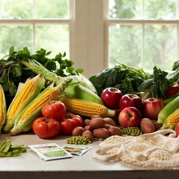 Fresh corn, tomatoes, apples, and potatoes arranged as non-GMO foods