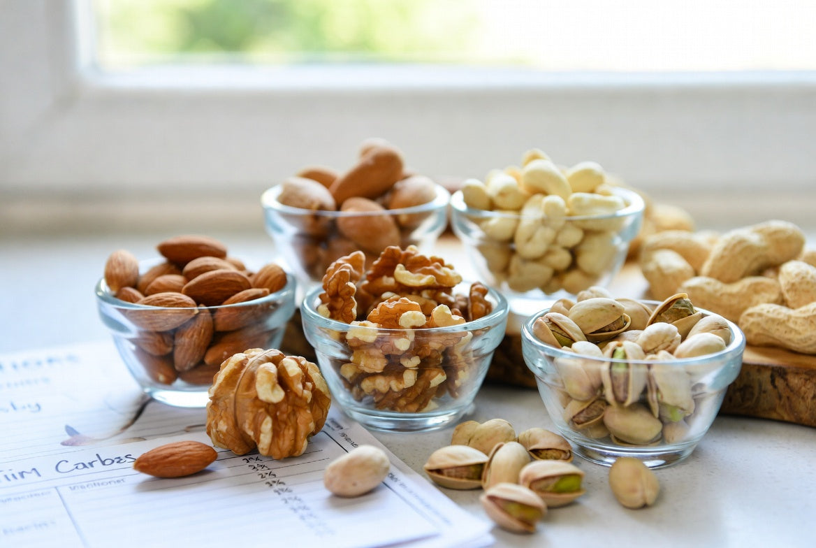 Mixed nuts in glass bowls on a counter with a handwritten carbs note