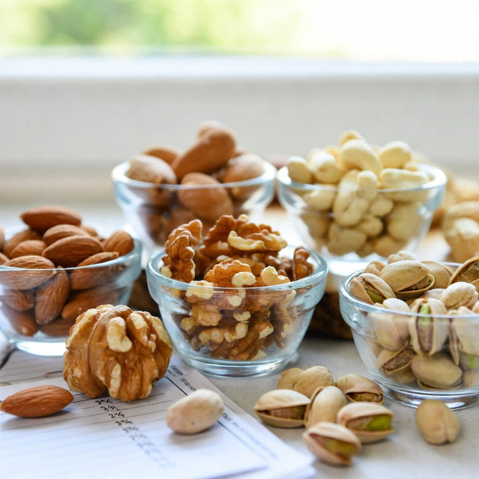 Mixed nuts in glass bowls on a counter with a handwritten carbs note