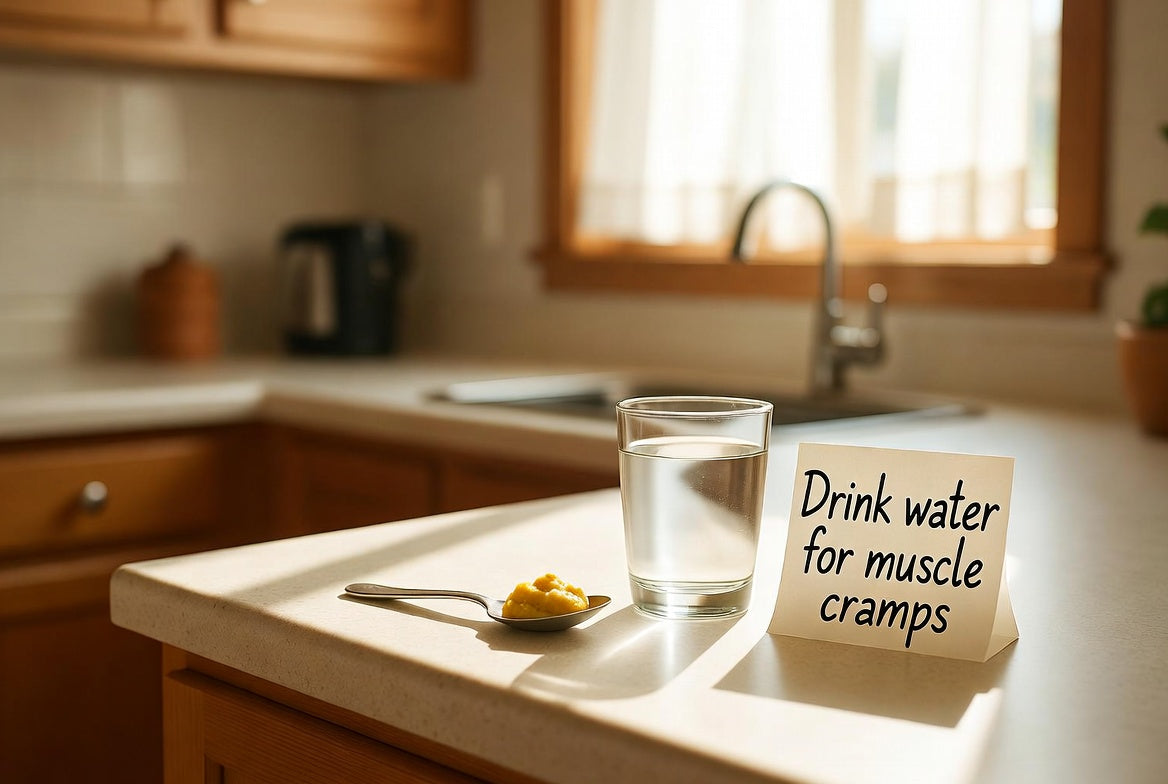 Mustard spoon with water and note about muscle cramps
