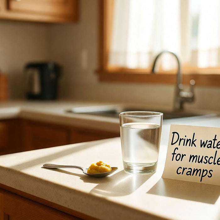 Mustard spoon with water and note about muscle cramps