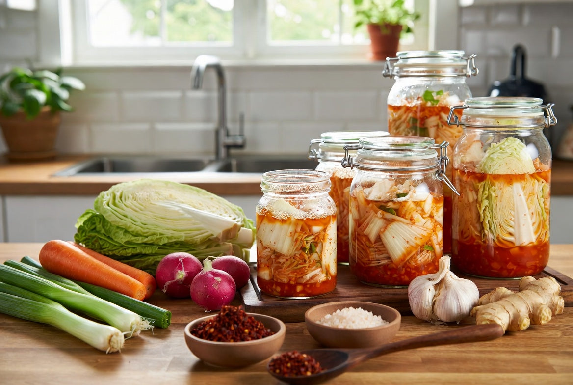 Homemade kimchi jars with cabbage, garlic and fresh vegetables.