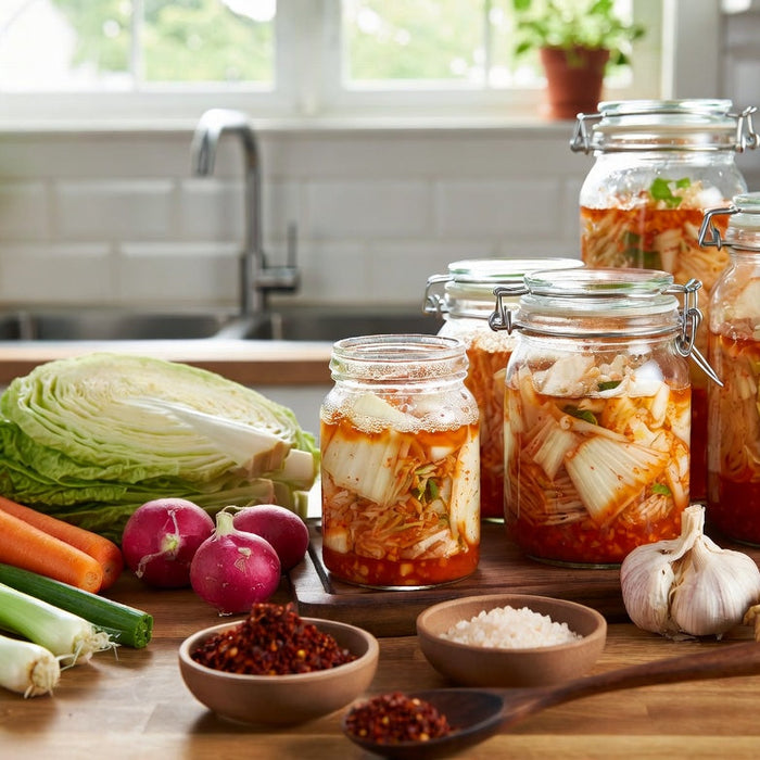Homemade kimchi jars with cabbage, garlic and fresh vegetables.
