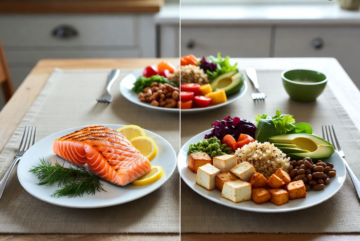 Fish meal compared with vegan tofu, quinoa and vegetable dinner plates.