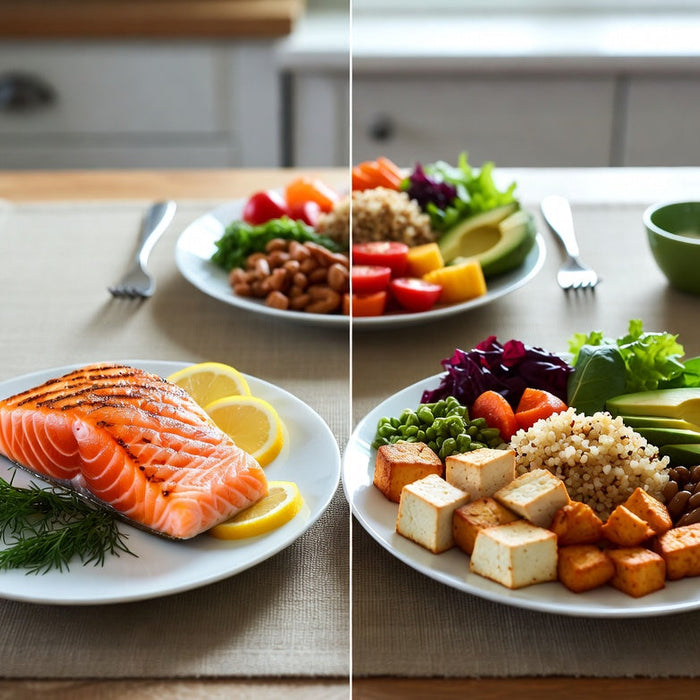 Fish meal compared with vegan tofu, quinoa and vegetable dinner plates.
