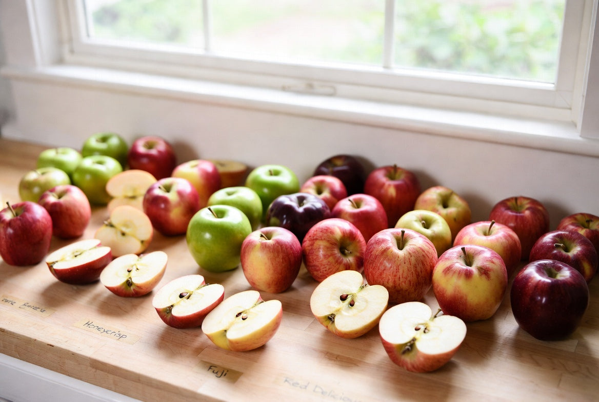 Apple varieties and slices lined up on a kitchen counter
