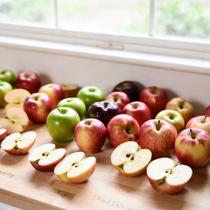 Apple varieties and slices lined up on a kitchen counter