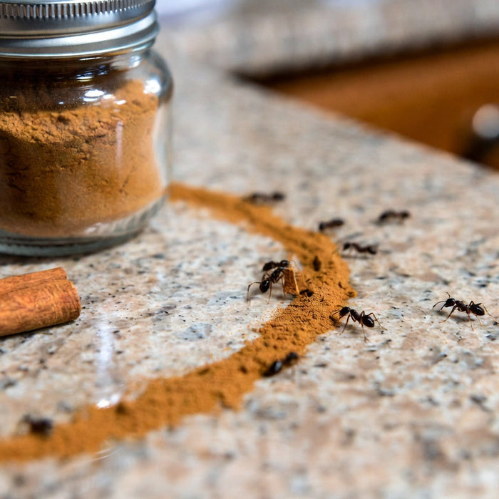 Ants crossing cinnamon powder beside a jar and cinnamon stick
