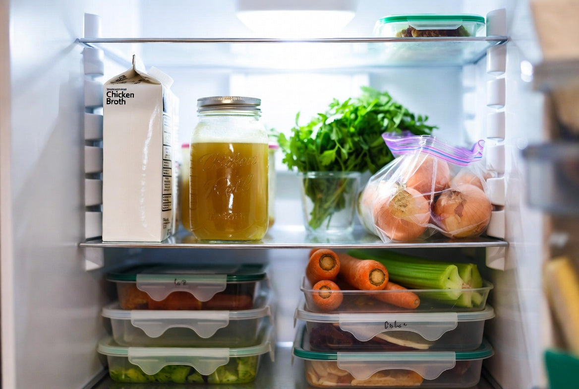 Chicken broth stored in refrigerator with fresh vegetables and leftovers
