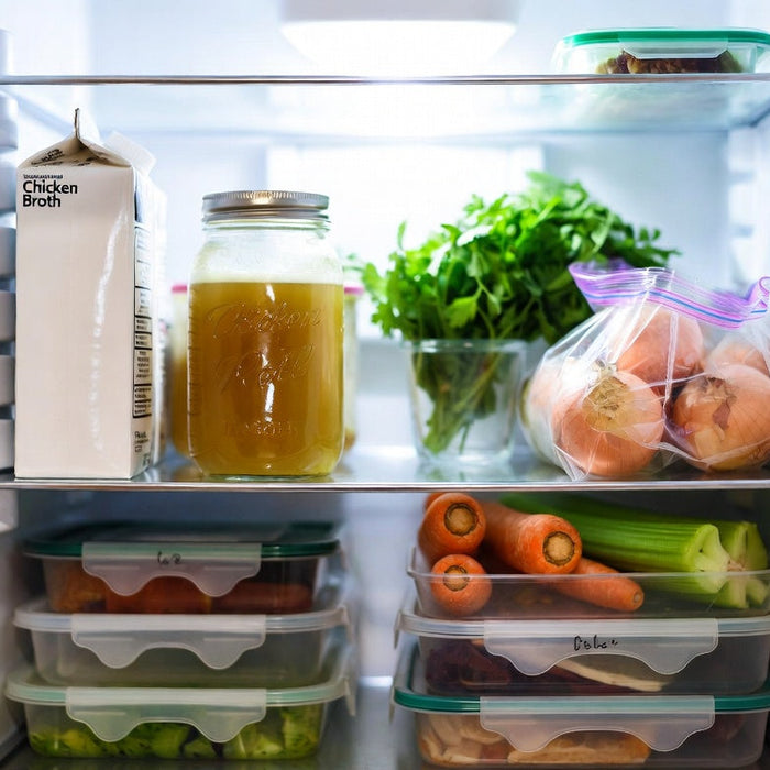 Chicken broth stored in refrigerator with fresh vegetables and leftovers