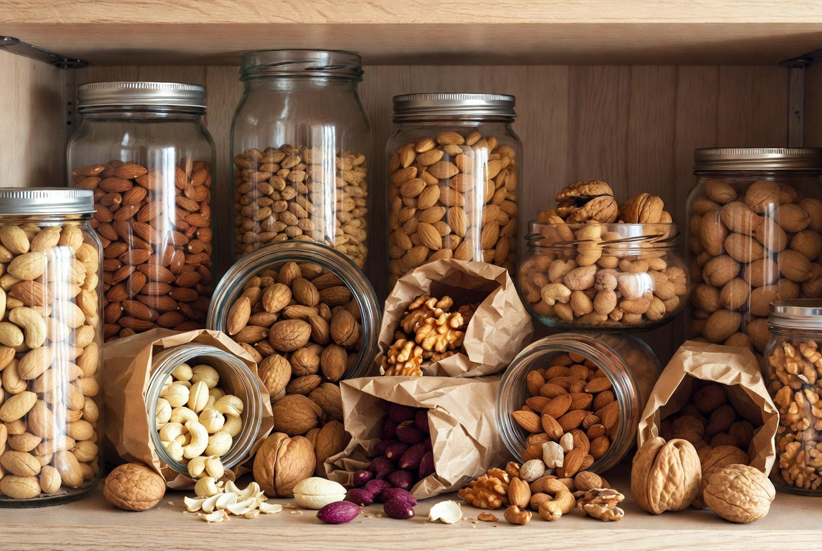 Pantry shelf filled with jars and bags of assorted mixed nuts