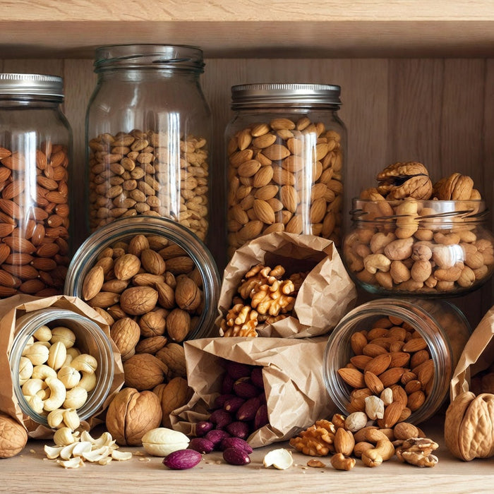 Pantry shelf filled with jars and bags of assorted mixed nuts