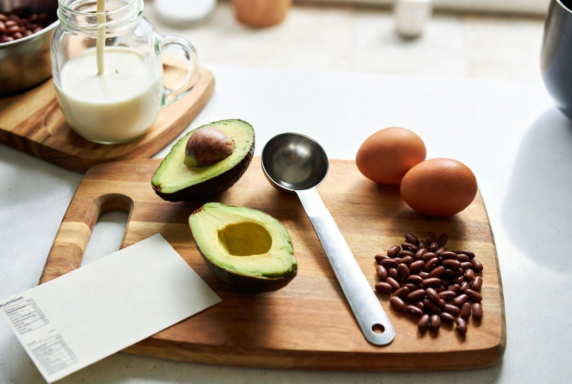 Avocado halves with eggs, beans, and measuring spoon on board