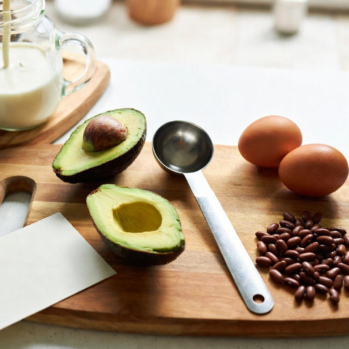 Avocado halves with eggs, beans, and measuring spoon on board