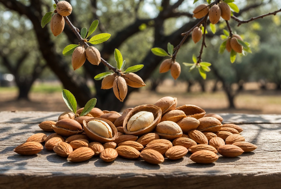 Almonds in shells and on branches in a sunny orchard scene
