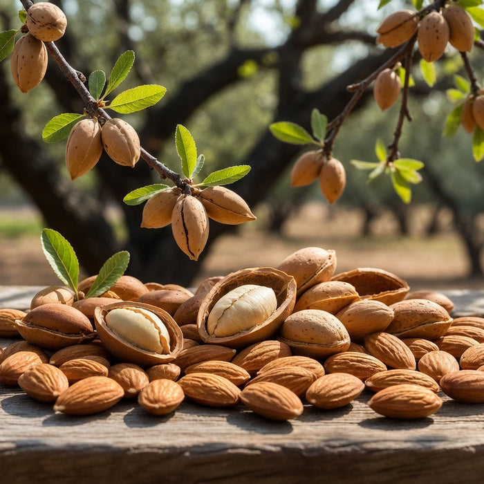 Almonds in shells and on branches in a sunny orchard scene