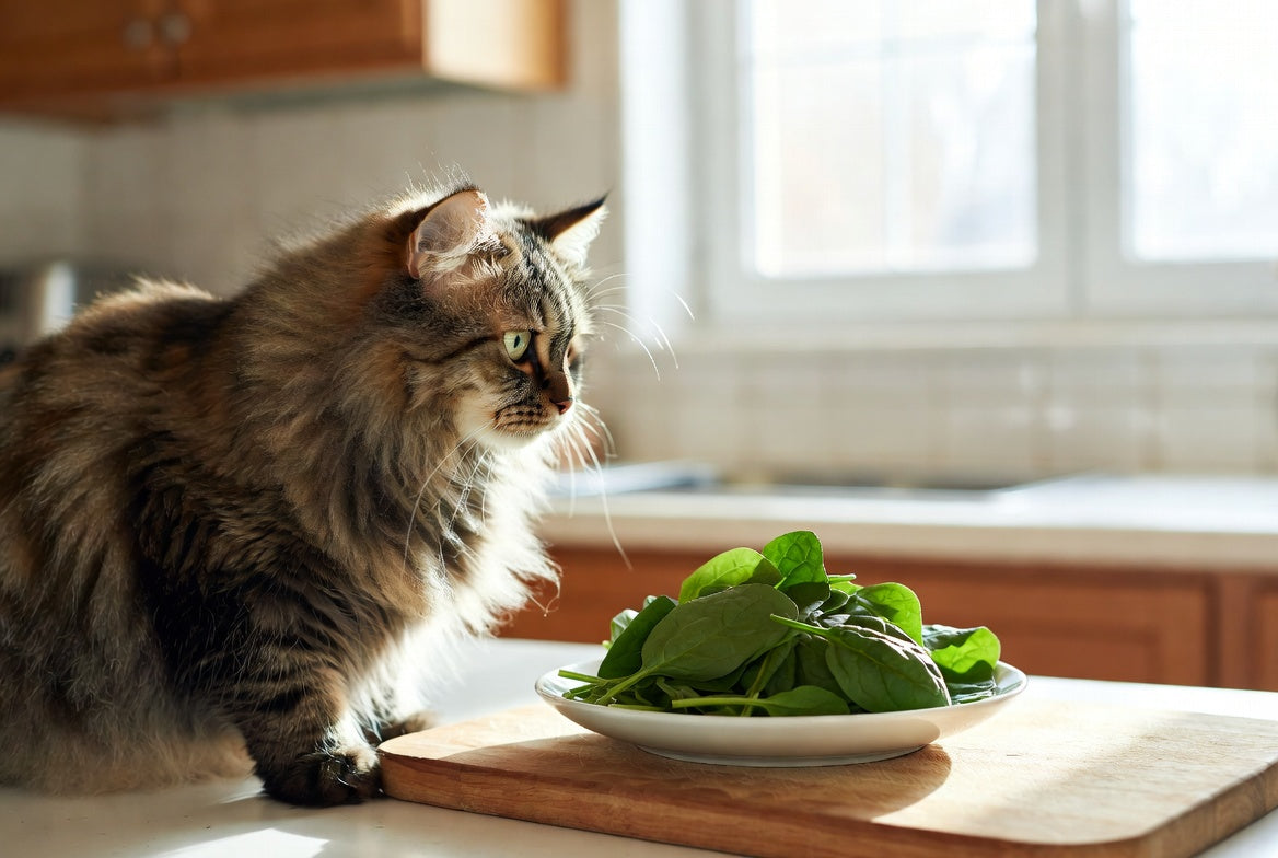 Curious cat beside a plate of fresh spinach leaves in kitchen
