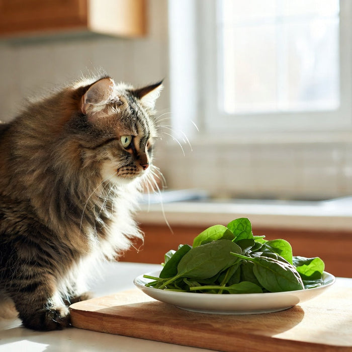 Curious cat beside a plate of fresh spinach leaves in kitchen