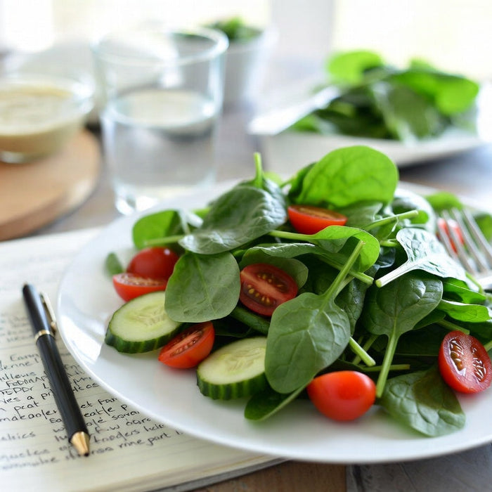 Spinach salad with cucumber and tomatoes for low FODMAP meals
