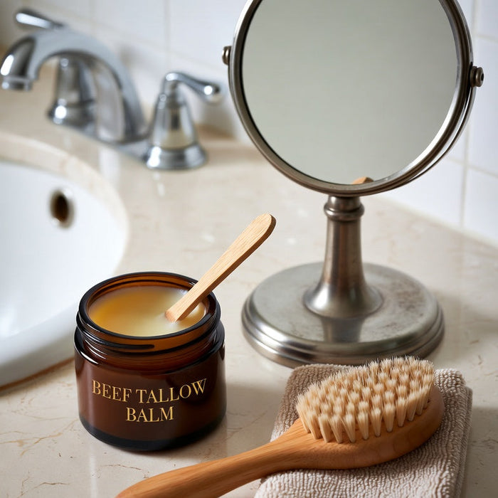 Beef tallow balm jar with mirror, brush, and towel on bathroom sink.