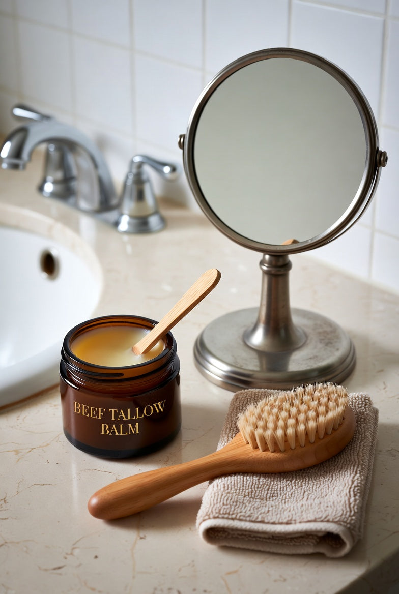Beef tallow balm jar with mirror, brush, and towel on bathroom sink.