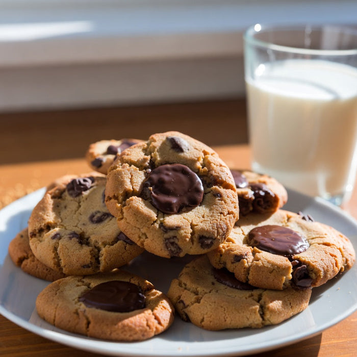 Plate of chocolate chip cookies with milk in sunlight by window